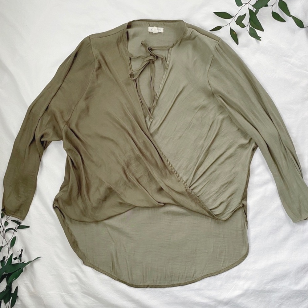 Urban Outfitters Silence & Noise Olive Green Two-Tone Faux Wrap Tie Front Blouse